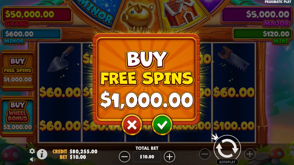 The "Brick House Bonanza" slot game by Pragmatic Play displays a "Buy Free Spins" feature option for $1,000.00, with jackpot values and game interface elements in the background.