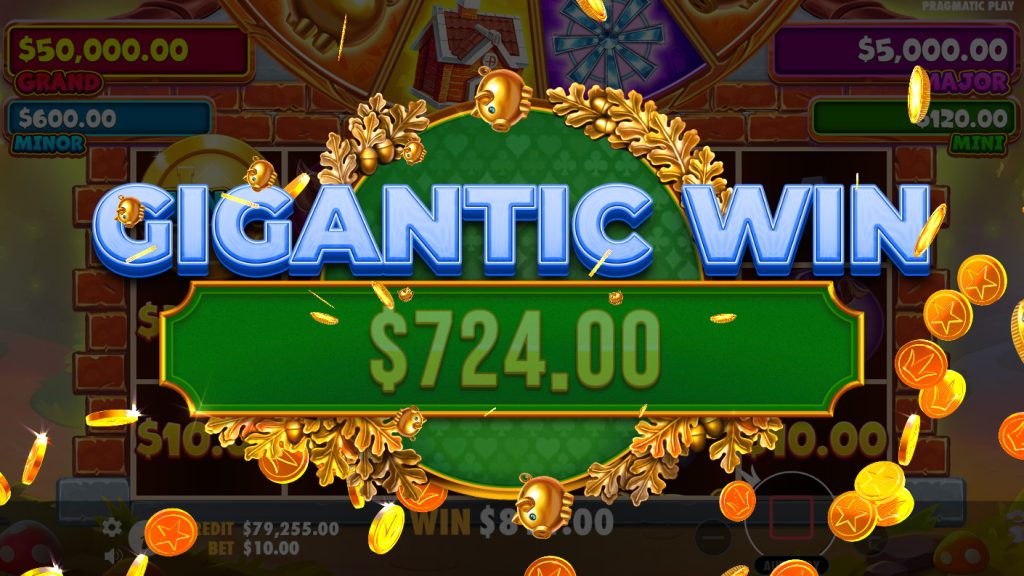A "GIGANTIC WIN" of $724.00 is celebrated with cascading gold coins on the Brick House Bonanza slot game by Pragmatic Play, with jackpot amounts visible in the background.