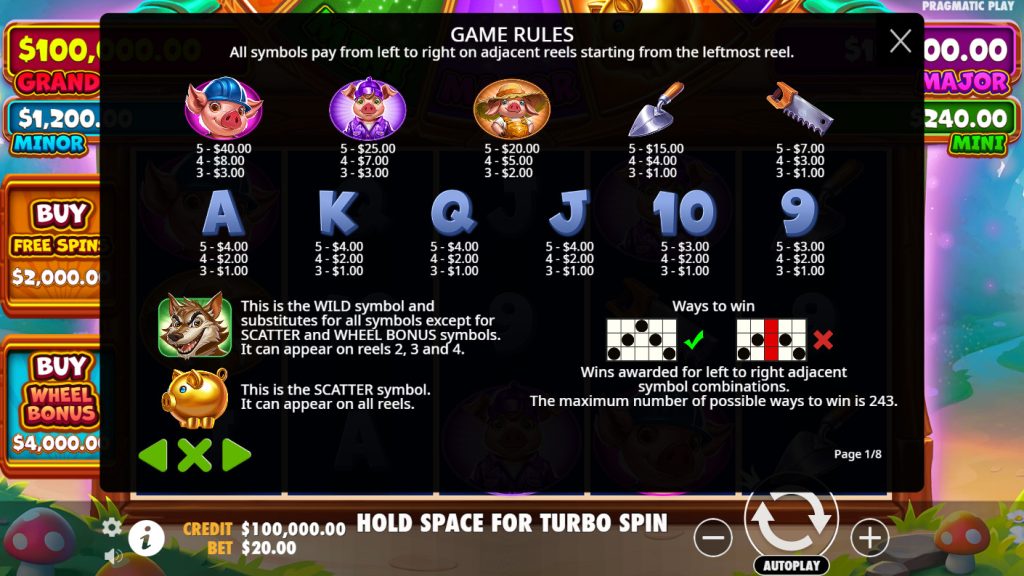 Game rules and winning combinations in Brick House Bonanza Slot.