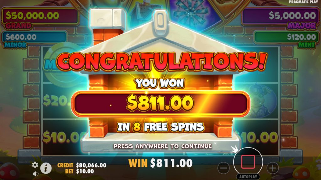 "CONGRATULATIONS!" screen on the Brick House Bonanza slot by Pragmatic Play, celebrating an $811.00 win and awarding 8 free spins, with jackpot values displayed.